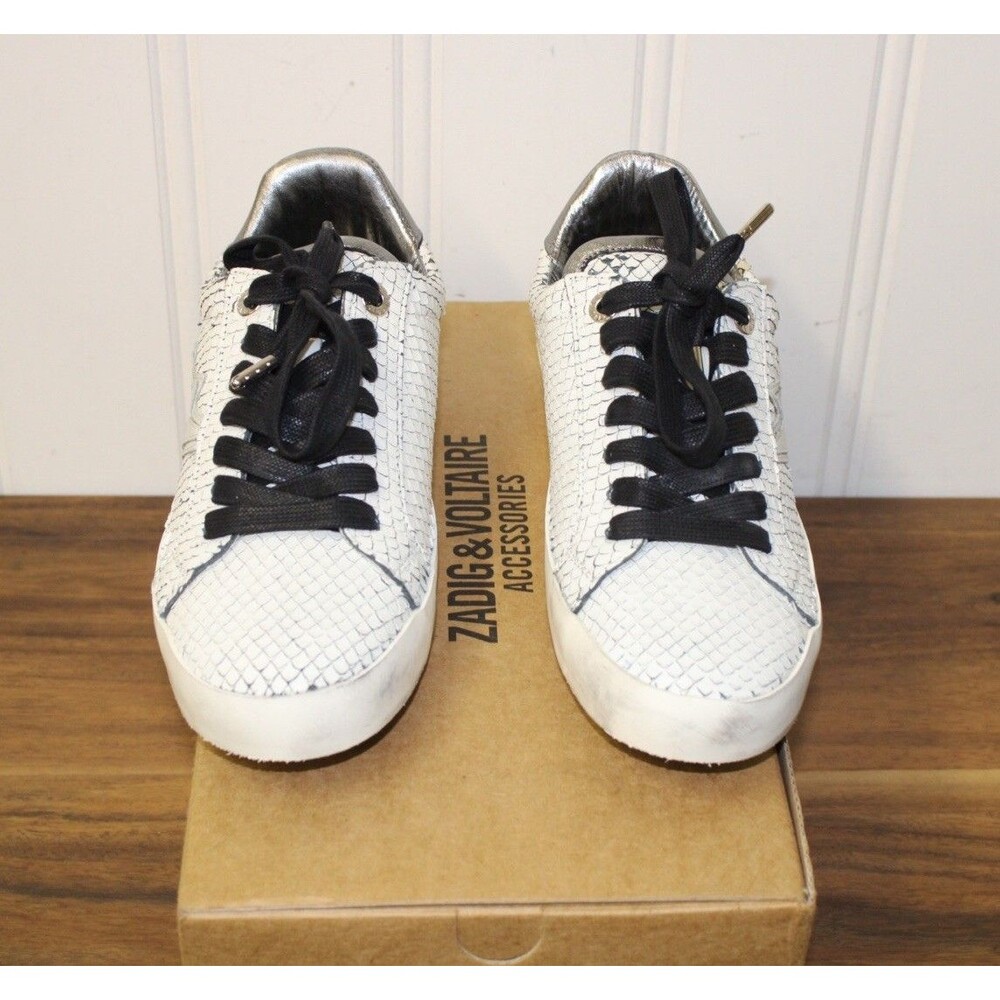 Zadig & Voltaire Neo Keith White Snakeskin Embossed Leather Sneakers Size 38 7.5